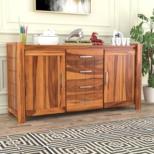 Image of Solid Sheesham Wood Wooden Sideboard Storage Cabinet & Chest of Drawer : Ideal for Living Room and Bedroom with 4 Drawers and 4-Shelf Storage (Chevalier, Honey Finish)