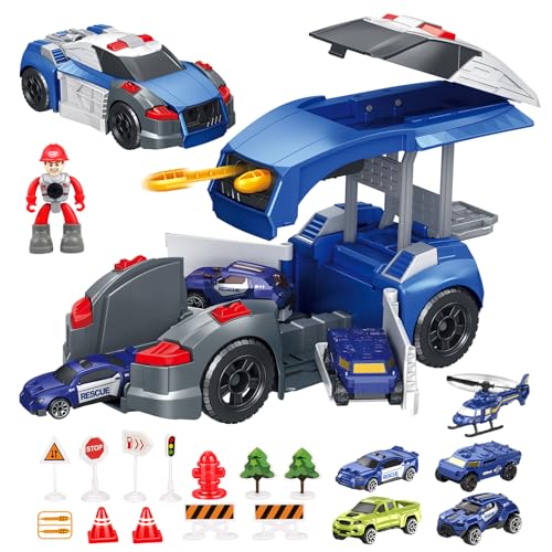 Carro polícia camião brinquedos, conjunto de brinquedos com 4 carros de brinquedos e 1 helicóptero, presente para meninos e meninas idosos 3 anos