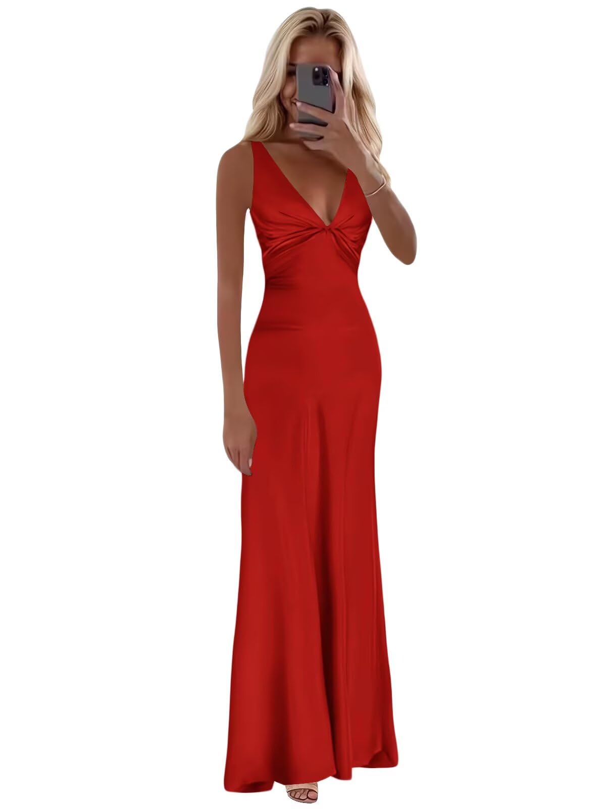 Cudiew Satin Bridesmaid Dress Corset V Neck Prom Dresses for Teens Back Self Tie Formal Evening Party Gown for Women