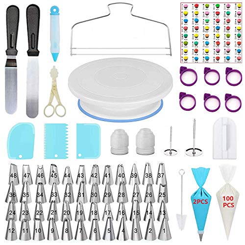 YOQXHY 172 Pcs Cake Decorating Kit Supplies with Cake Turntable & Cake Leveler,48 Numbered Icing Piping Tips,2 Spatulas,102 Pastry Bags,2 Couplers,3 Comb Scrapers,1 Cake Pen Baking Tools