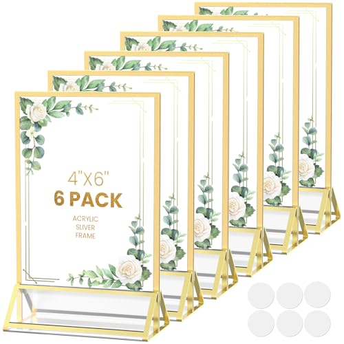 4X6 Acrylic Sign Holder Tabletop Gold Frames 4X6 Picture Frames for Wedding Table Numbers Display Stand Flyer Holder with Double Sided Sticky Dots-6Pack 4X6-Gold-6 Pack