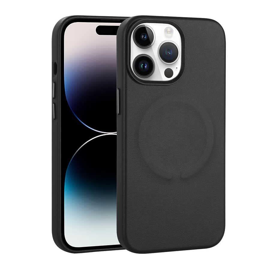 Zore Apple için uyumlu iPhone 14 Pro Kılıf PU Deri M-safe Wireless Şarj Özellikli Zore Derix Kapak Siyah