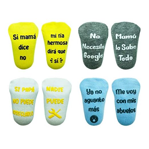 Cincobebé Juego de Calcetines Antideslizantes para Bebé/Recién Nacido,con Frases en Español Divertidas Lindas,Apto para Todas las Estaciones,4 Pares,0-6 Meses,Unisex,Caja Regalo