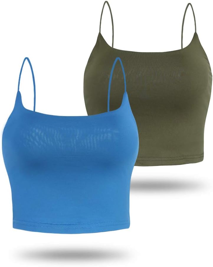 Amilia Women's Basic Solid Cami Spaghetti Double Layer Crop Tank Top