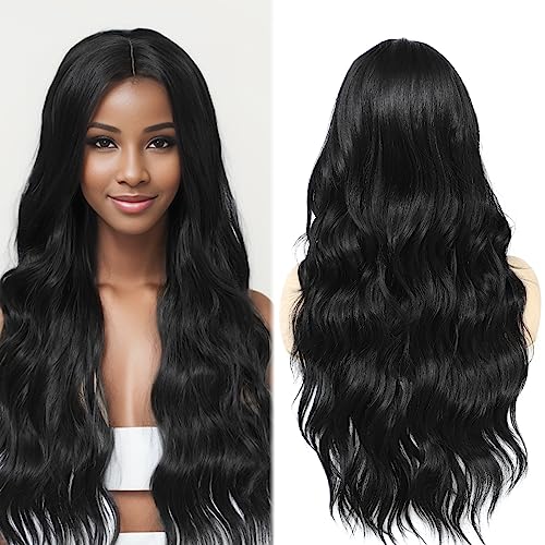 Yamel Hair Wigs Long Black Wig Synthetic Natural Long Hair Wig 26 Inch Adjustable Curly Wavy Middle Part Lace Front Wigs for Women Lady