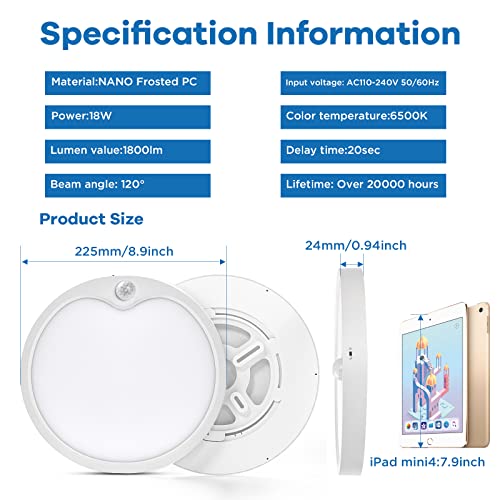 Ocioc 8.9 Inch Motion Sensor Ceiling Light 18W Hardwired Ultra Thin Flush Mount Lights Fixture High Brightness 6500K Cool White 2 Pack thumb #3