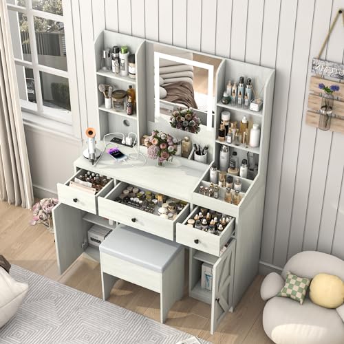 jiteentarou Farmhouse Vanity Desk w/Mirror and Lights, 43\" LED Vanity Table Makeup Desk w/Outlet,3 Drawers 2 Cabinets,11 Storage Shelves, Large Rustic White Vanity Set w/Stool for Women, Girls