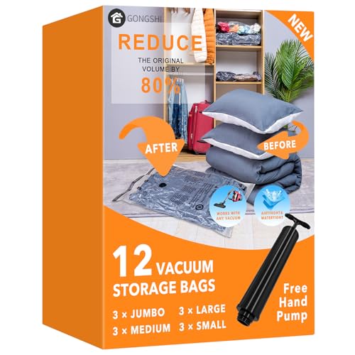 GONGSHI Vacuum Storage Bags (3 x Jumbo, 3 x Large, 3 x Medium, 3 x Small), Space Saver Sealer Compression Bags with Travel Hand Pump