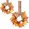 Small fall wreath 2pcs 9in mini thanksgiving wreath plaid ribbon artificial pumpkin wreath maple leaves kitchen cabinet wreath for porch wall window front door party wedding orange  urban country home decor