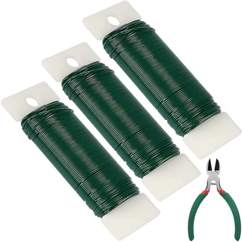 JIUDONE 3 Pack 125 Yards Green Floral Wire 22 Gauge With Cutter - Flexible Craft Paddle Wire for Wreaths, Crafts, Christmas Trees, Garlands and Floral Arrangements