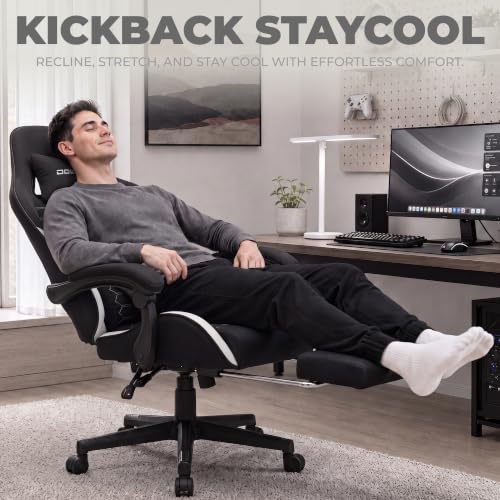 Image of Dowinx Gaming Chair Fabric with Pocket Spring Cushion, Massage Game Chair Cloth with Headrest, Ergonomic Computer Chair with Footrest 290LBS, Black White