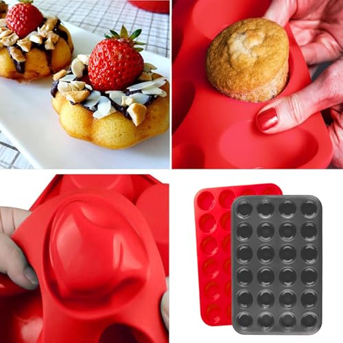 2 Pack Mini Muffin Pan, 24 Cups Silicone Cookies Cupcake Bakeware Tin Round Cupcake Tray Baking Mould Non Stick Heat-Resistant (Red + Grey) - Image 6