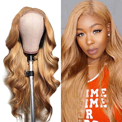 Honey Blonde Human Hair Wig 4x4 Honey Blonde Body Wave Wig Color #27 Natural Hairline With Baby Hair Free Part Glueless Soft Hair 130% Density Glueless Wig For Women 24 Inch
