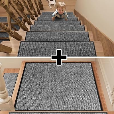Stair Treads Carpet 4+1 pcs for Wooden Steps with Non Slip Rubber Backing, 100% Polyester Soft Stairs Resistant Indoor Skid Runner Safety Rugs for Kids Elders and Pets