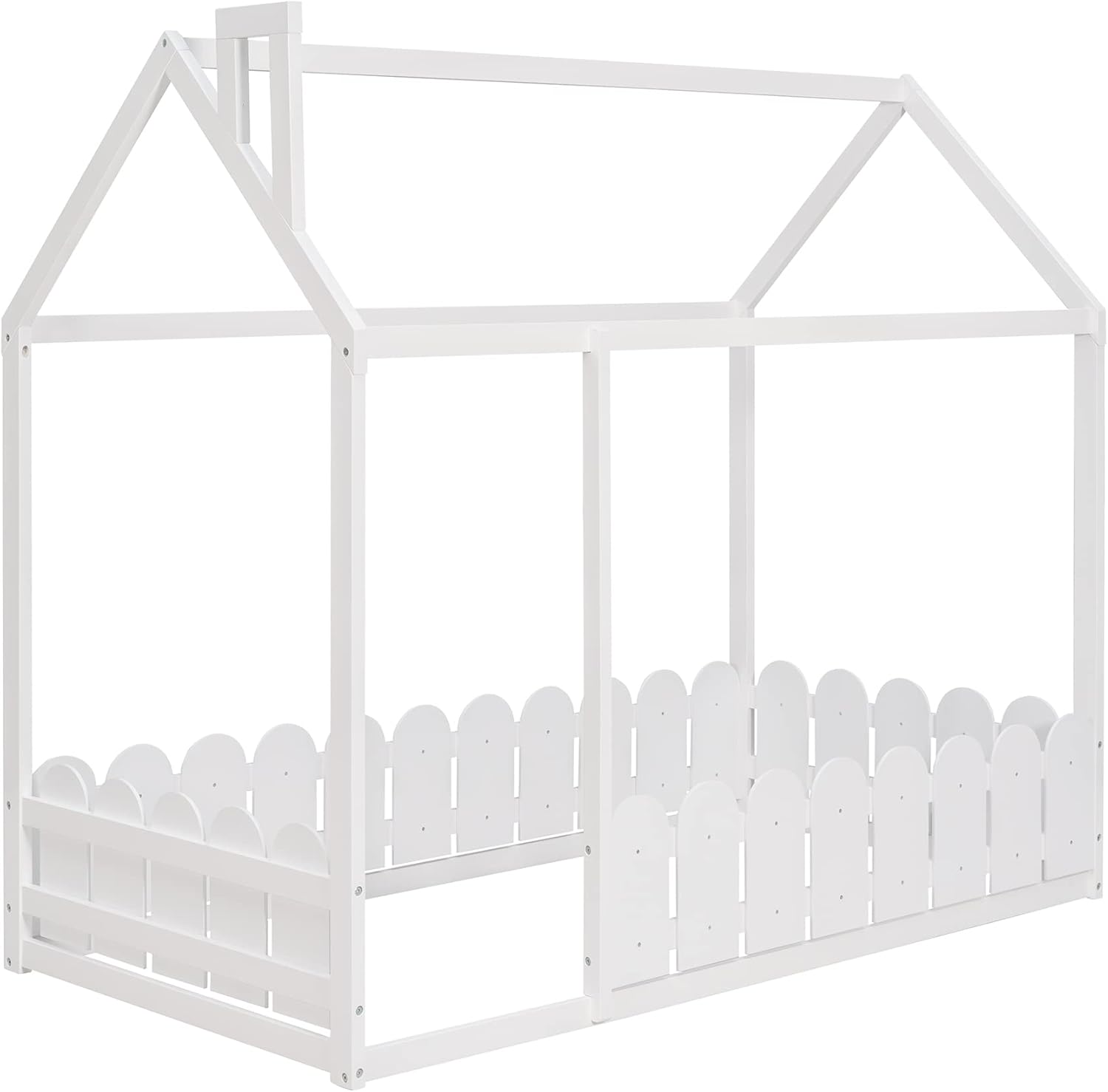 P PURLOVE Twin Size Wood Bed, House Bed Frame with Fence-Shaped Guardrails for Teens Girls Boys, Slats are not Included, White