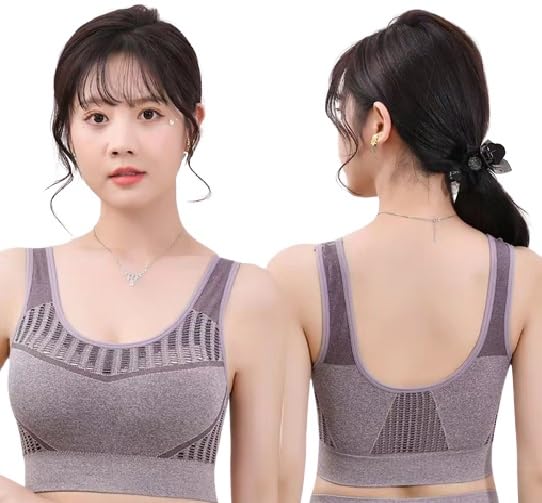 Sports Bra Purple Medium(Size 28 to 34) High Stretch Breathable Wirefree Fitness Women Padded for Running Yoga Gym Seamless Bra -Cotton Elastane-image-47
