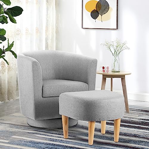 DAZONE Swivel Accent Chair, Modern Barrel Chair with Ottoman, Comfortable Living Room Chairs Upholstered Armchairs 360 Degree Swivel Round Club Tub Armchair for Bedroom Reading Room, Grey