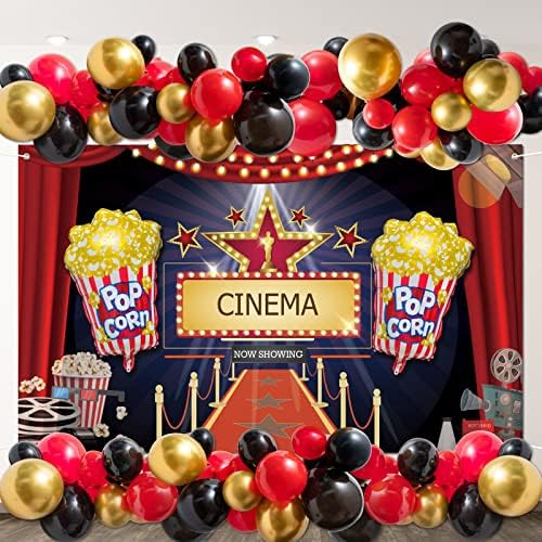 BeYumi 74 Packs Movie Night Theme Party Decorations Kit Gold Red Black Balloon Arch Garland Now Showing Photography Backdrop Banner Popcorn-Shaped Aluminum Foil Balloons Set for Oscar Awards Ceremony