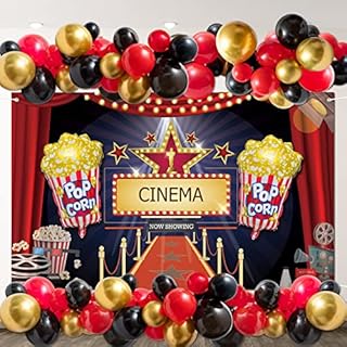 BeYumi 74 Packs Movie Night Theme Party Decorations Kit Gold Red Black Balloon Arch Garland Now Showing Photography Backdrop Banner Popcorn-Shaped Aluminum Foil Balloons Set for Oscar Awards Ceremony