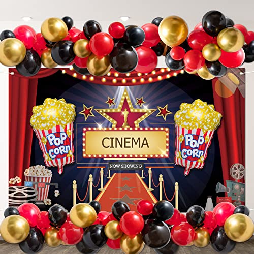 BeYumi 74 paquetes de decoración de fiesta temática de noche de película guirnalda de arco de globos dorados rojos y negros ahora mostrando telón de fondo de fotografía pancarta de fondo de aluminio Cover