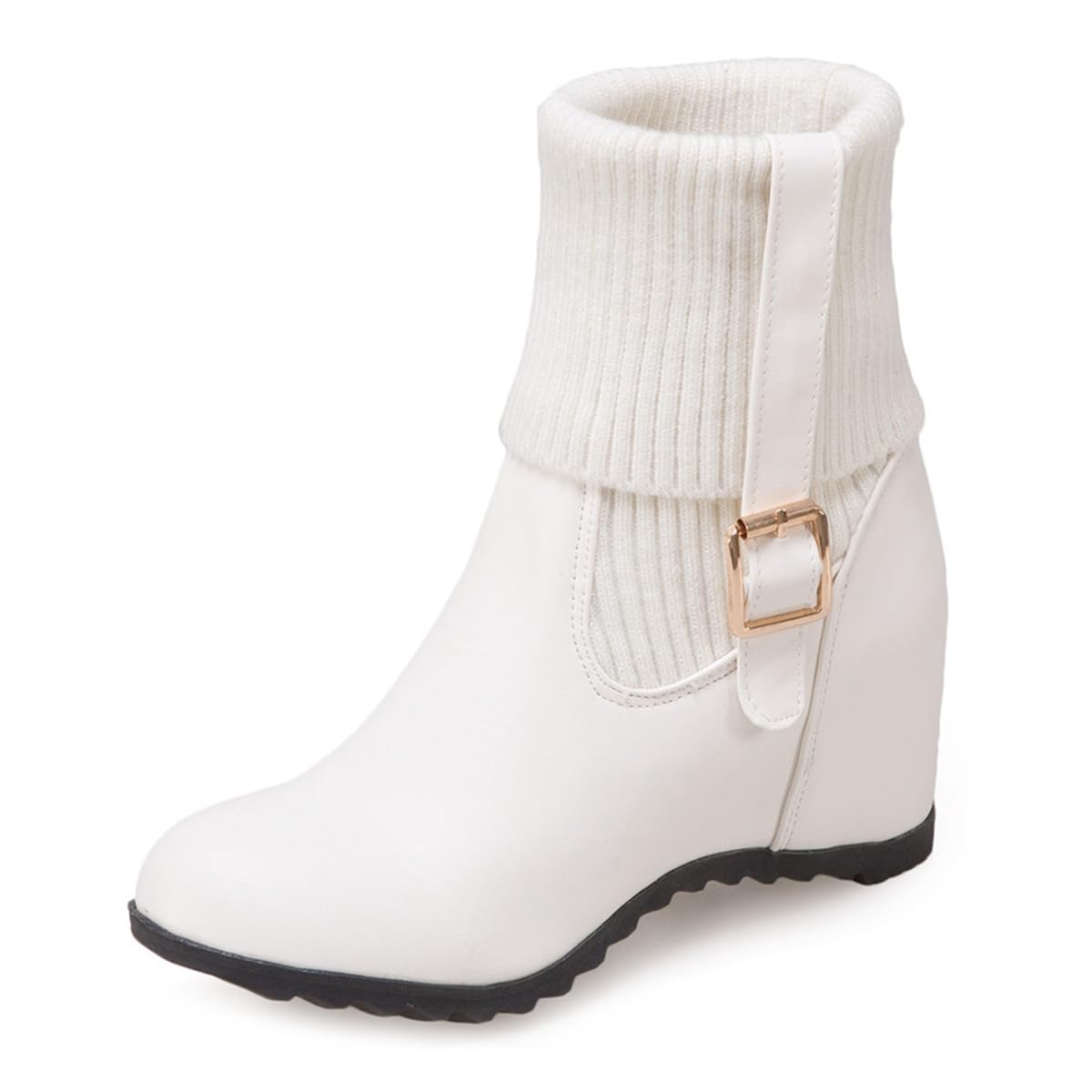Womens Fashion Knit Wedges Dressy Ankle Boots Round Toe Cuff Pull On Mid Hidden Heels Fall Short Booties