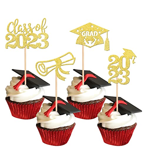 SYKYCTCY 24 Pack 2026 Graduation Cupcake Toppers Glitter Diploma Congrats Grad Cap Cupcake Picks Class of 2026 Cake Decorations for 2026 Graduation Theme Party Supplies Gold