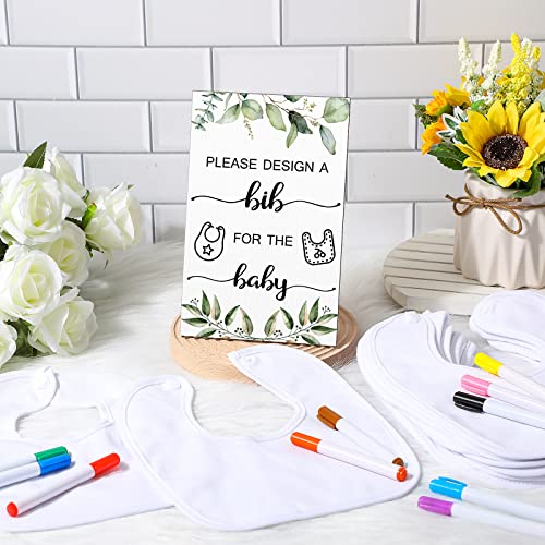 Qunclay 37 Pcs Baby Shower Games 1 Baby Shower Game Sign 25 DIY White Bibs for Boys Girls Guest Design Game with 10 Fabric Markers Baby Shower Keepsake for Guest New Parents(Leaf)4