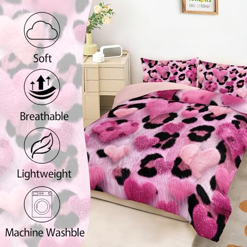 Image of AILONEN Girls Full Comforter Set,3-Piece Pink Heart Leopard Print Bedding Set for Room,Ccartoon Hearts Pink Black Comforter with 2 Pillowcases