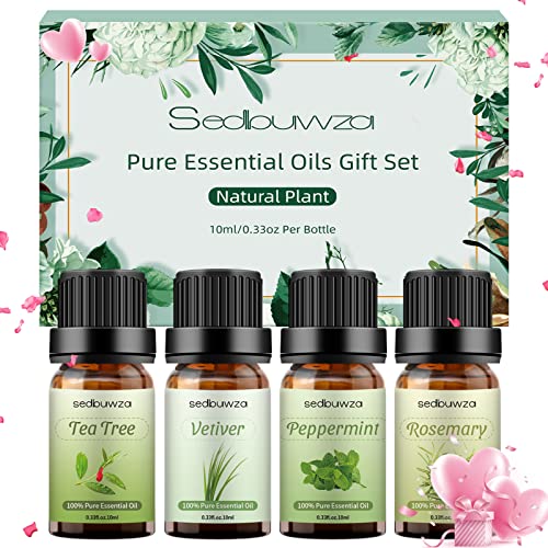 Sedbuwza Essential Oils Gift Set - 4 Pack Organic Diffuser Oil for Home Care, Candle Making, Humidifiers - Vetiver, Rosemary, Peppermint, Tea Tree Aromatherapy Oil Kit