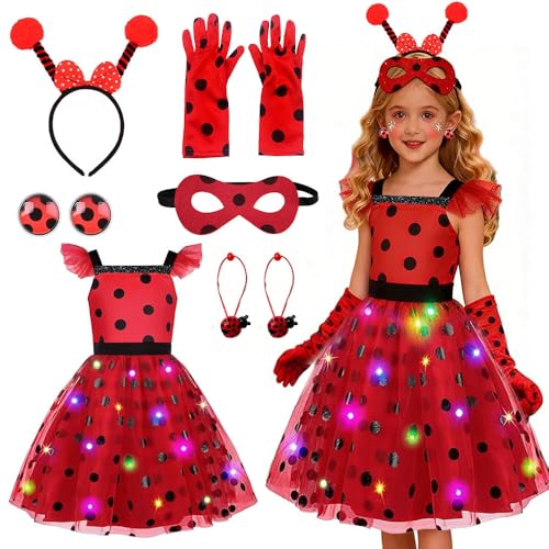 HEYIDAMAI Marienkäfer Kostüm Kleid Kinder Ladybug Kostüm Mädchen Set mit Marienkäfer Haarreif Augenmaske Ohrring Handschuhe Haargummi Ladybird Polka Mädchen für Karneval Mottoparty Fasching