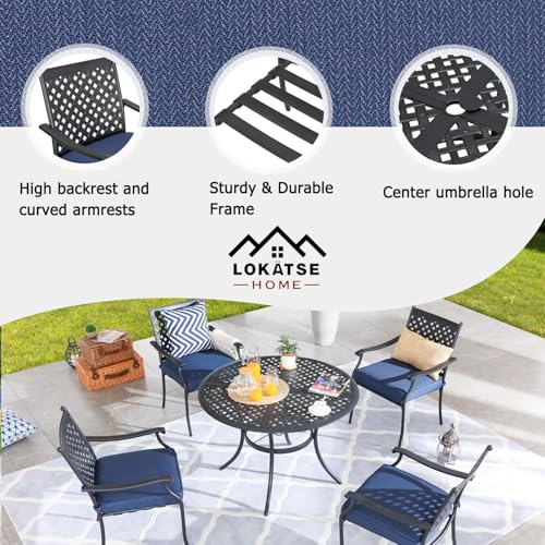Image of LOKATSE HOME 5 Piece Outdoor Patio Metal Dining Set with 4 Outdoor Iron Arm Dining Chairs with Seat Cushions and 1 Outdoor Dining Table with Umbrella Hole-Blue