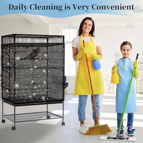 Daoeny Bird Cage Seed Catcher, Large Bird Cage Cover, Adjustable Soft Airy Nylon Mesh Net, Birdcage Cover Skirt Seed Guard for Parrot Parakeet Macaw African Round Square Cages (Black, Sequins Star)
