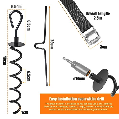 MaxEarn Heavy Duty Trampoline Ground Anchor Pegs Tie Down Kit, Steel Spiral Ground Anchors with 4 Straps - Image 2