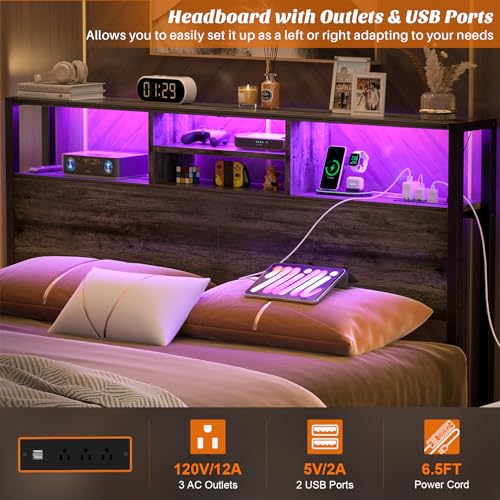 Image of Aheaplus Headboard for Queen Size Bed with Storage, Headboards with Outlets | Queen Size Head Board Only, USB Ports and LED Light, Height Adjustable, Reversible, Sturdy and Stable Headboard, Black Oak
