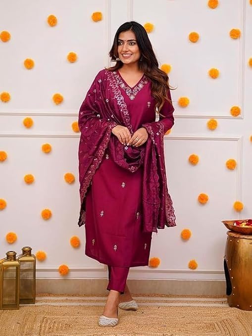 Women's Embroidery Art Silk Straight Kurta Set with Dupatta