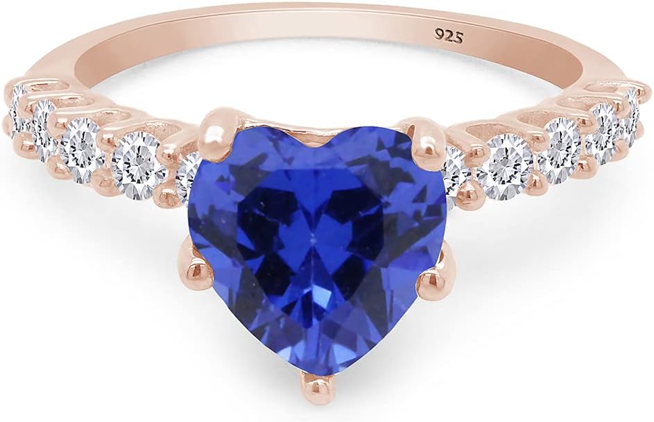 AFFY Heart Shape Simulated Blue Sapphire & White Cubic Zirconia Solitaire Ring in 925 Sterling Silver