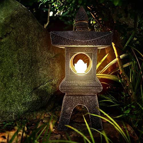 Mibung Solar Pagoda Garden Statue Sculpture, Large Zen Pagoda Asian Lantern With Solar Lotus Light Outdoor Decorations Home Tranquil Japanese Temple Pagoda Lamp Resin Patio Lawn Yard Porch Deco #TOP5