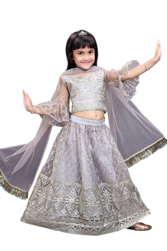 Image of Girl's Princess Lehenga Choli Set - Soft Net, Ribbon Embroidery With Duppata, Readymade