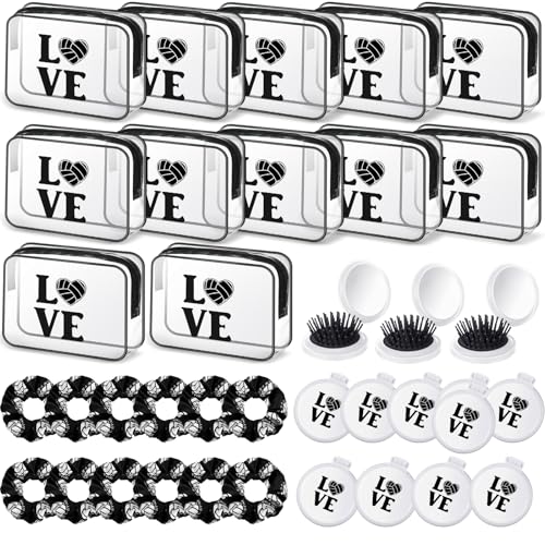 Yungyan 36 Pcs Volleyball Gifts 12 Volleyball Makeup Bag for Women Party Favors Team Gifts with 12 Sport Hair Scrunchies 12 Round Portable Folding Brush