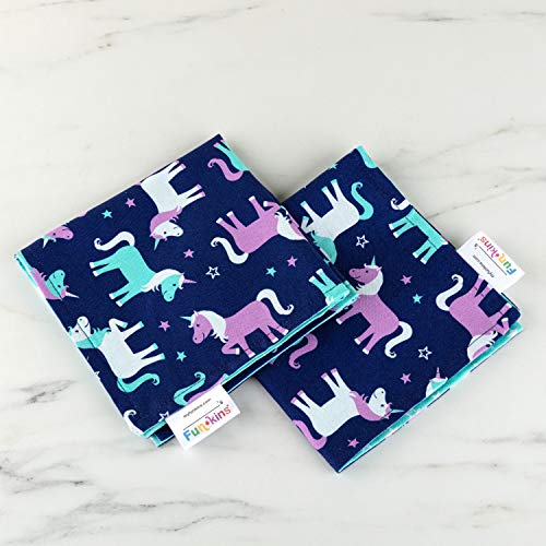 Funkins Reusable Cloth Napkins For Kids | 12”X12”, 2-Ply, Thick, Absorbent, Durable | Machine Washable | Name Tag | Soft Cotton Fabric | Great For School Lunchboxes | Set Of 2 Napkins (Unicorns) #TOP1
