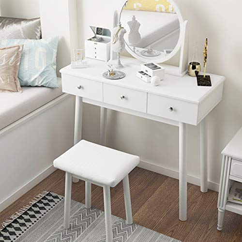 Soges Makeup Vanity Table Set, 3-Drawer Dresser Desk, 360° Pivoting Round Mirror, Cushioned Stool, Bedroom Dressing Table Set, White #TOP1