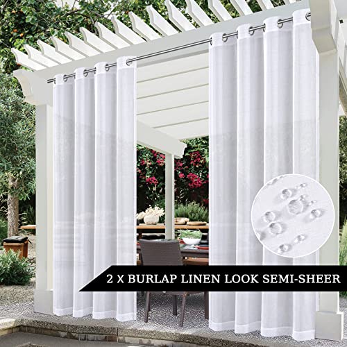 Voday (2 Panels) Linen Look Sheer Outdoor Curtains For Patio Waterproof 54X95 Inch - Windproof Outside Privacy Curtains With Free Tieback Rope - Light Filtering Voile Panels For Indoor Pavilion Cabin #TOP2