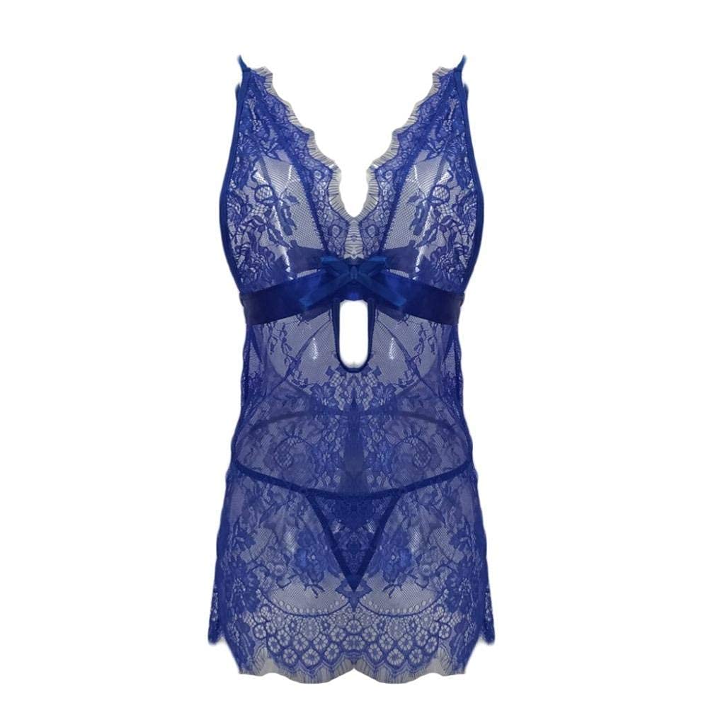 Pijama muñeca Lencería Mujer Encaje Negro Talla Grande Disfraz Ropa de Dormir Vestido Transparente Ahueca hacia Fuera Chemise Ropa Interior (Azul M)