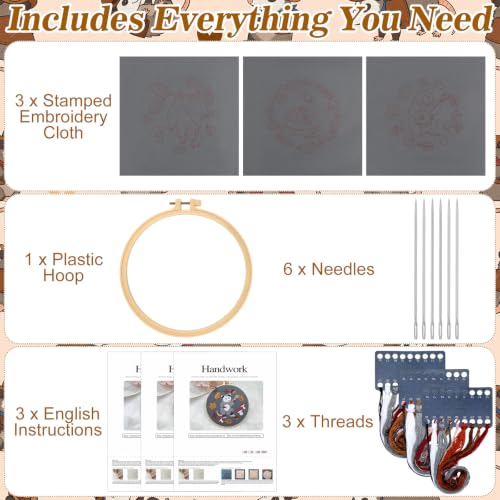Image of Mindsoft 3 Set Needlepoint Kit for Beginners with Hoop,Autumn Possum | Bamboo Hoop Thread Needles Instructions, Easy Hand Embroidery for Beginners Home Crafts,Pre-stamped Funny Cute Designs