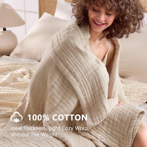 Image of EMME 9 Layer Muslin Cotton Blanket Adults Coverlet,King,Beige