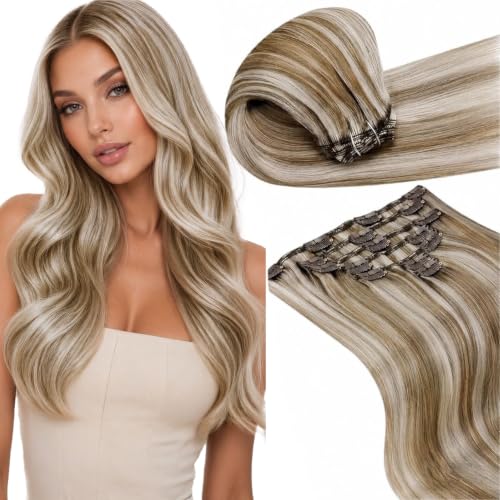 Image of LaaVoo Clip On Extensions Human Hair, For Natural Look, 18 Inch | Light Brown Blonde Highlights, 120g 7pcs, Clip In Hair Extensions Real Human Hair, Soft, Thick Full