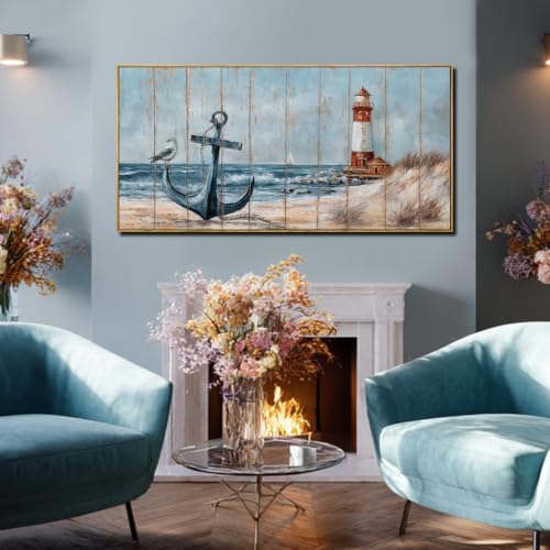 Image of VAYIMDH Lighthouse Canvas Prints Wall Art,Ocean Landscape Coastal Beach View Wall Decor,Modern Blue Artwork Bird Pictures for Home Office Bedroom Decor 24 inchx48 inch