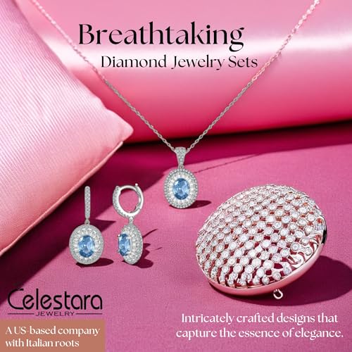925 Sterling Silver Jewelry Set - Oval Blue Topaz-Tone and CZ Diamond Halo Necklace with Matching Earrings, Dainty Pendant Set with Exquisite Leather Box2