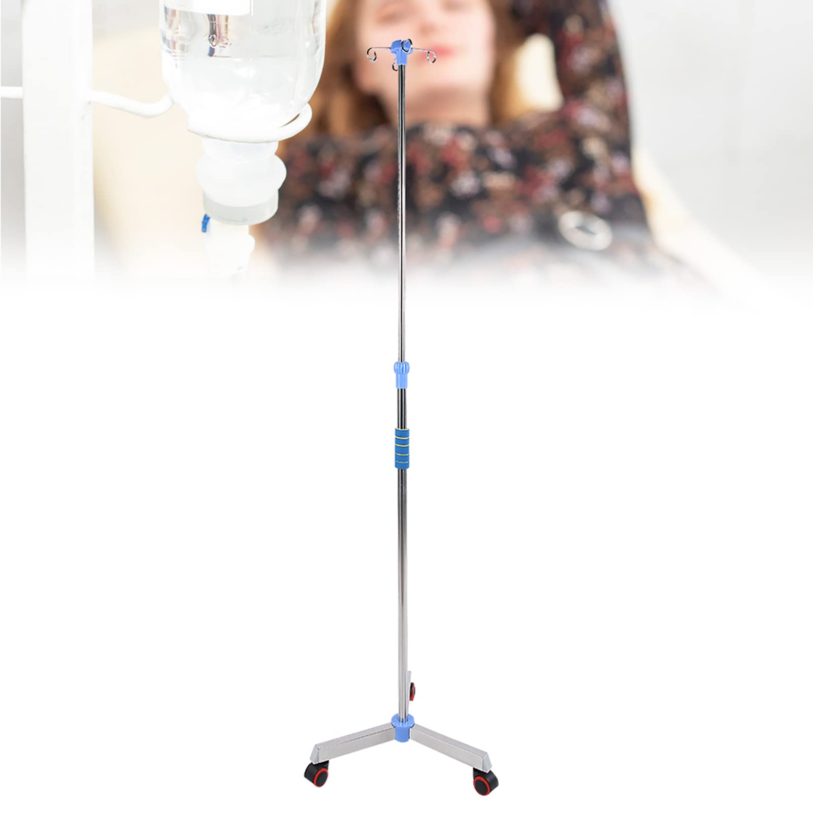 Perche IV avec Roues Poteaux de Support IV en Acier Inoxydable Porte-Sac IV pour Support de Perfusion Portable avec 4 Crochets Hauteur Réglable de 45,2" à 78,7" pour la Maison