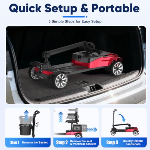 Image of 4 Wheels Electric Wheelchair for Seniors, Foldable, 350LBS Capacity& 15 Miles Range&350W Powerful Moto&Rotating Seat&LED Light& Double Baskets&Auto Brake-（Red Color）